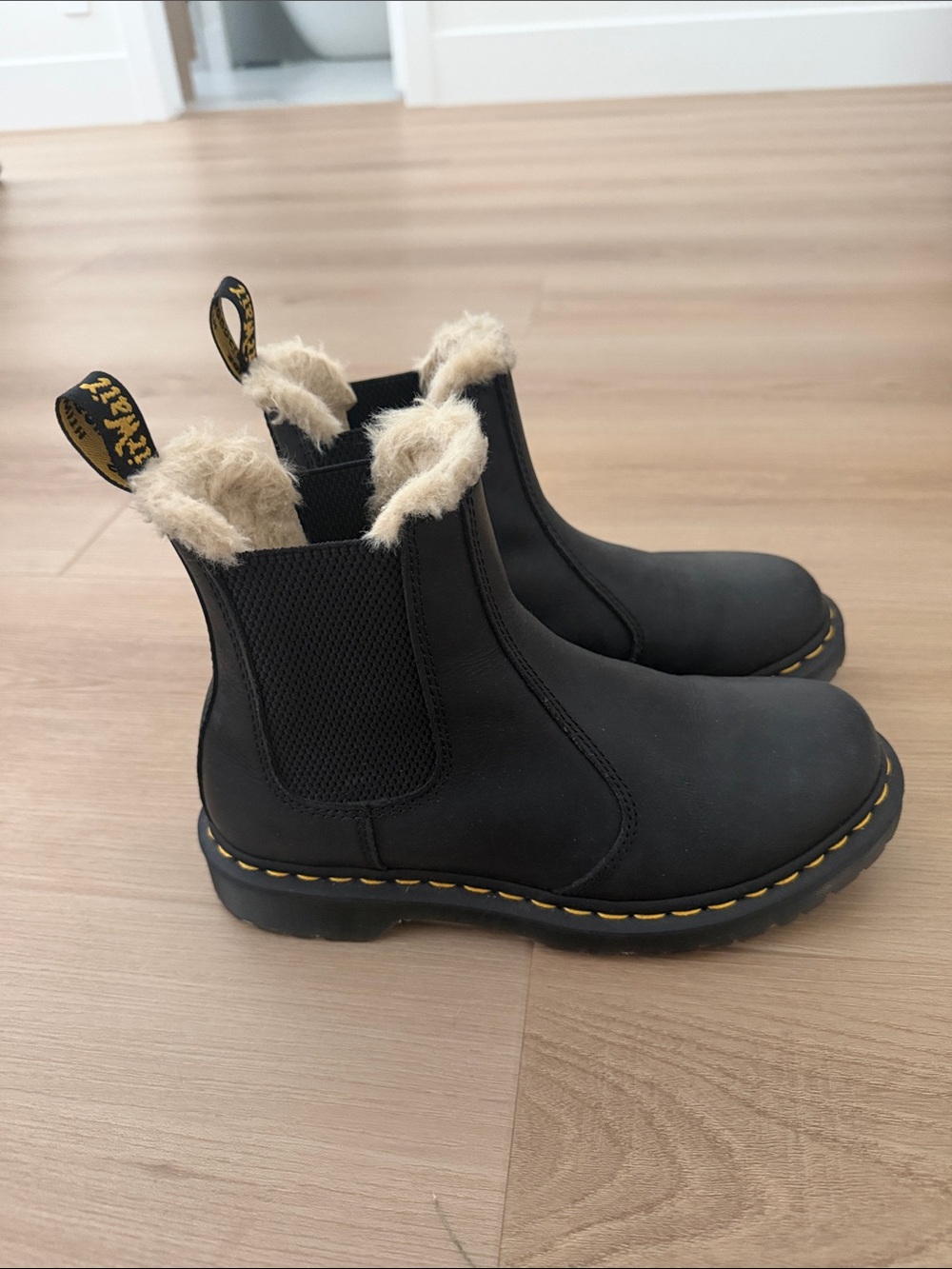 Dr. Martens Black Chelsea Ankle Boots with Cream Fur Lining